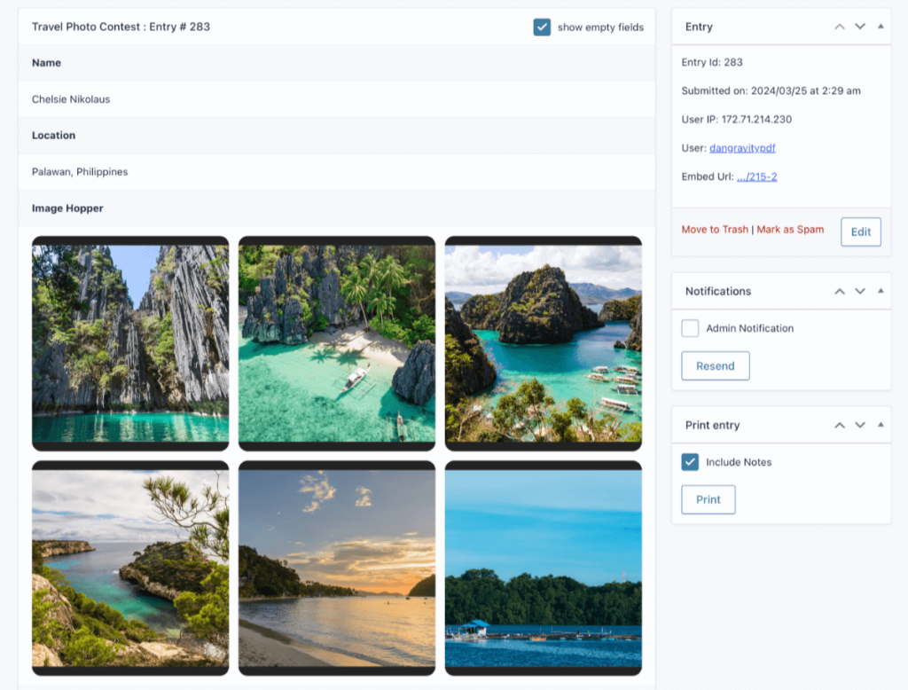 A screenshot of Gravity Forms Entry Details page. The Image Hopper field is shown in an aesthetically-pleasing three-column grid.