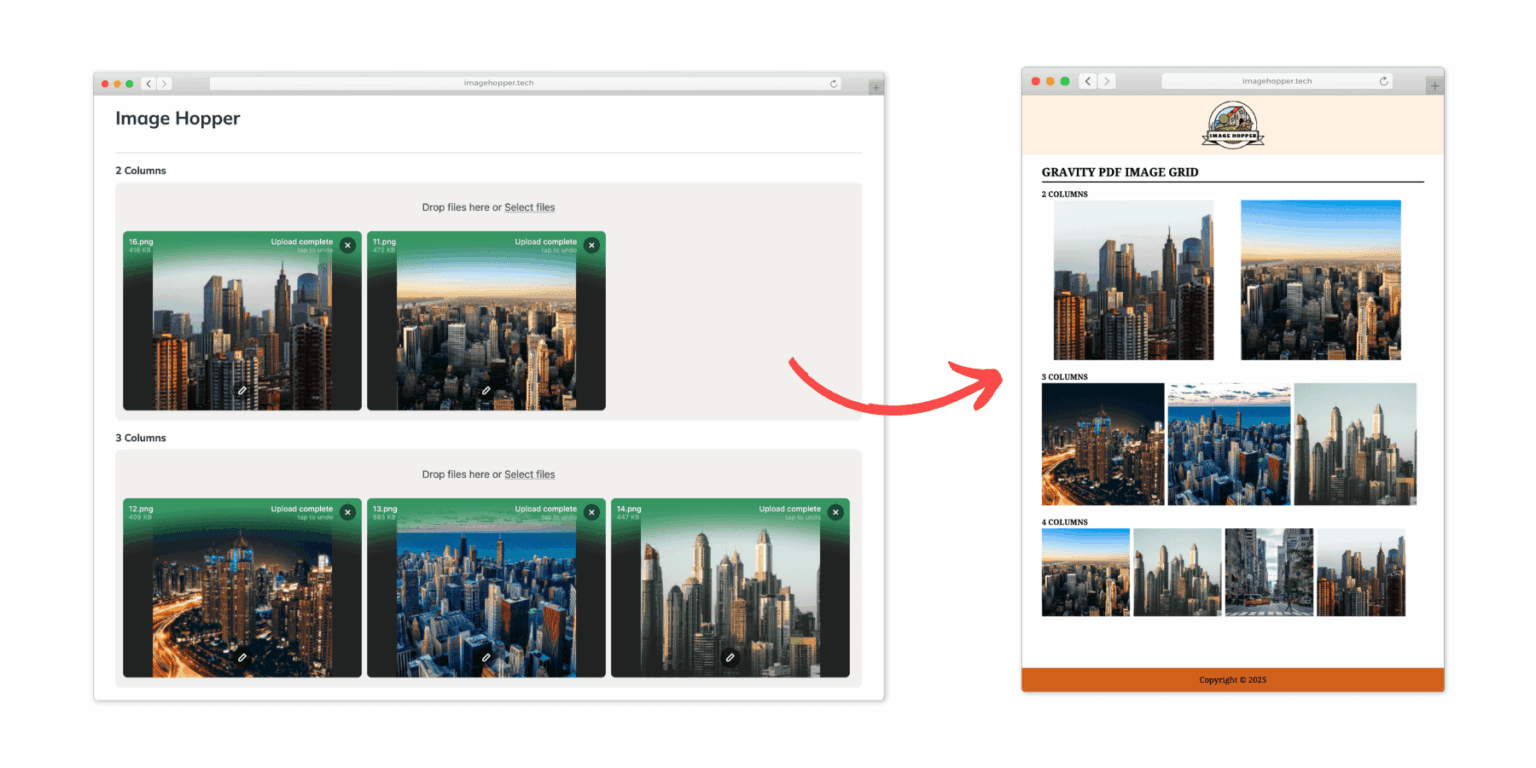 On the left is a screenshot of a form that displays two Image Hopper fields, each containing multiple uploaded images. On the right, a preview of the generated PDF document shows these images arranged in various grid layouts. A pink arrow connects the form to the PDF output.