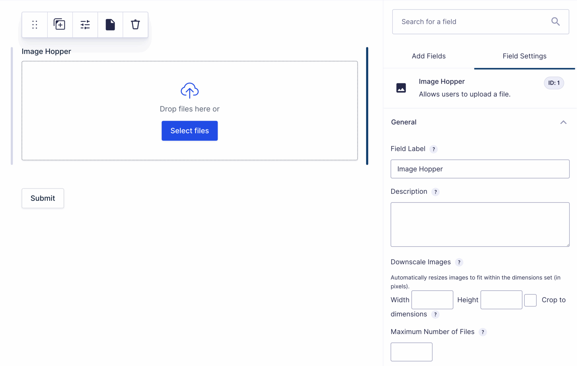 Image showing the Form Editor with the Image Hopper field selected.