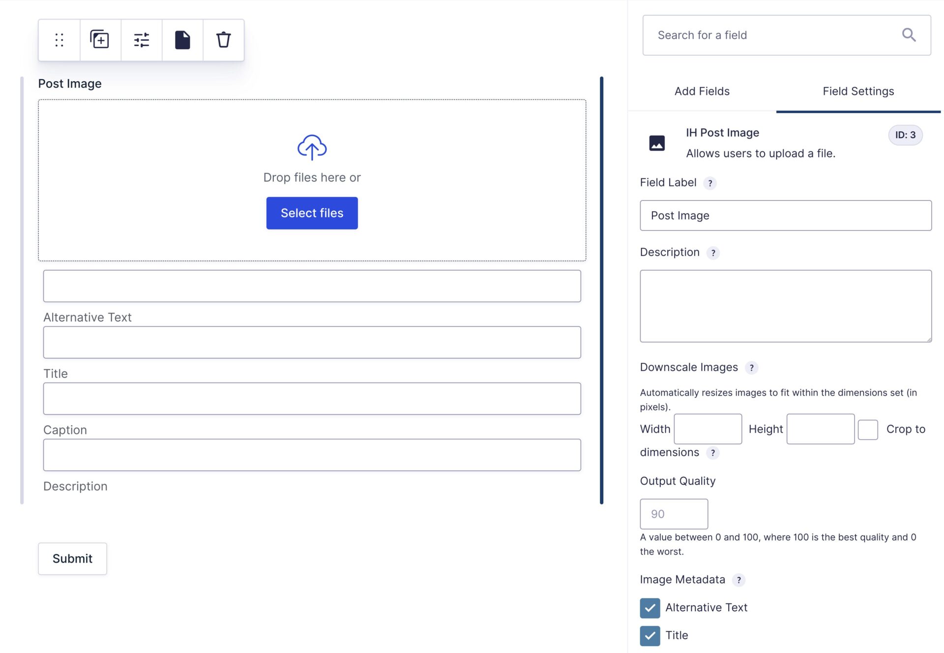 Screenshot of the Form Editor with the Post Image Hopper field selected. The general settings are displayed on the right sidebar.