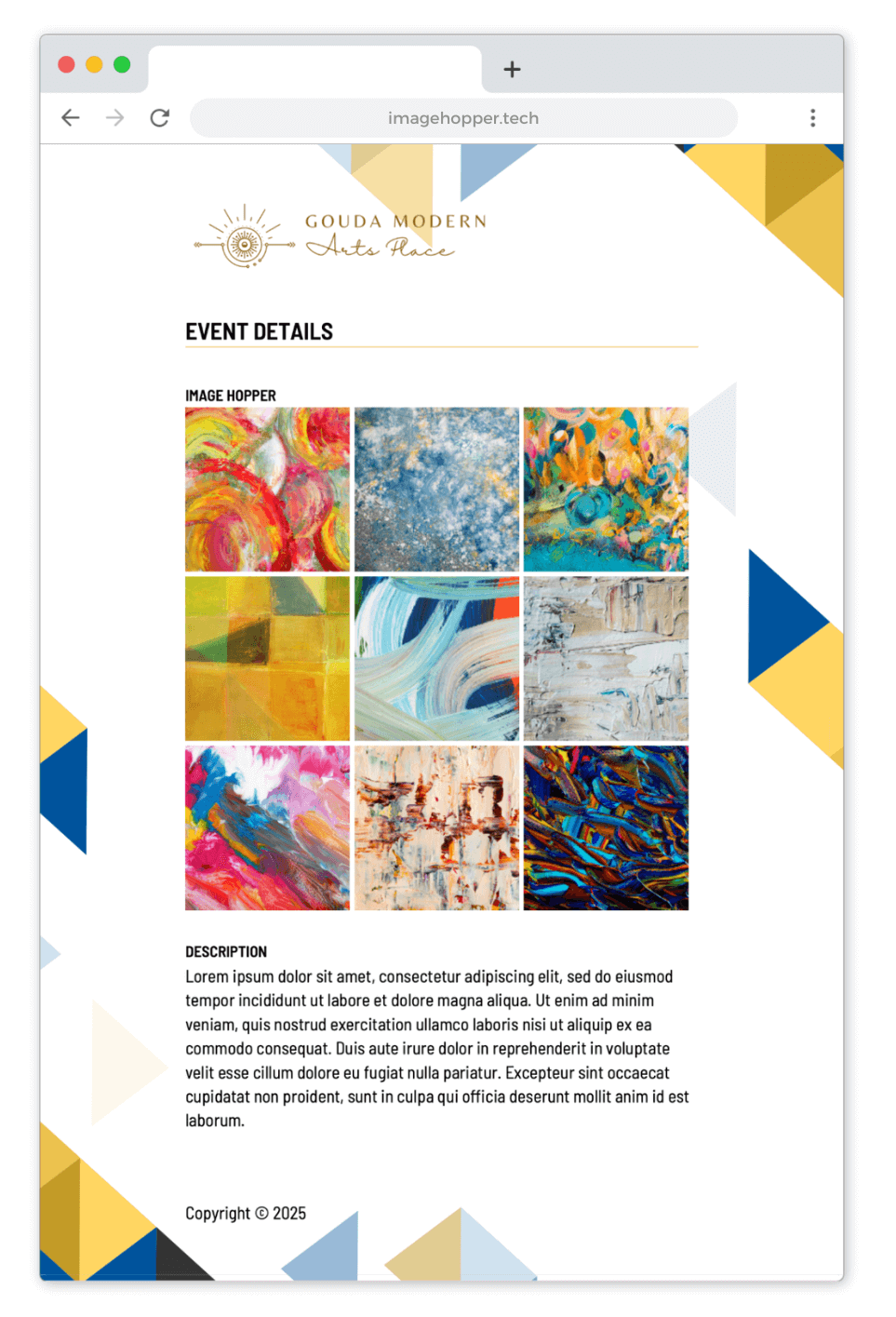 A webpage displays a PDF document containing a 3x3 grid of artwork images uploaded through the Image Hopper field in a form. The PDF is rendered within a web browser window.