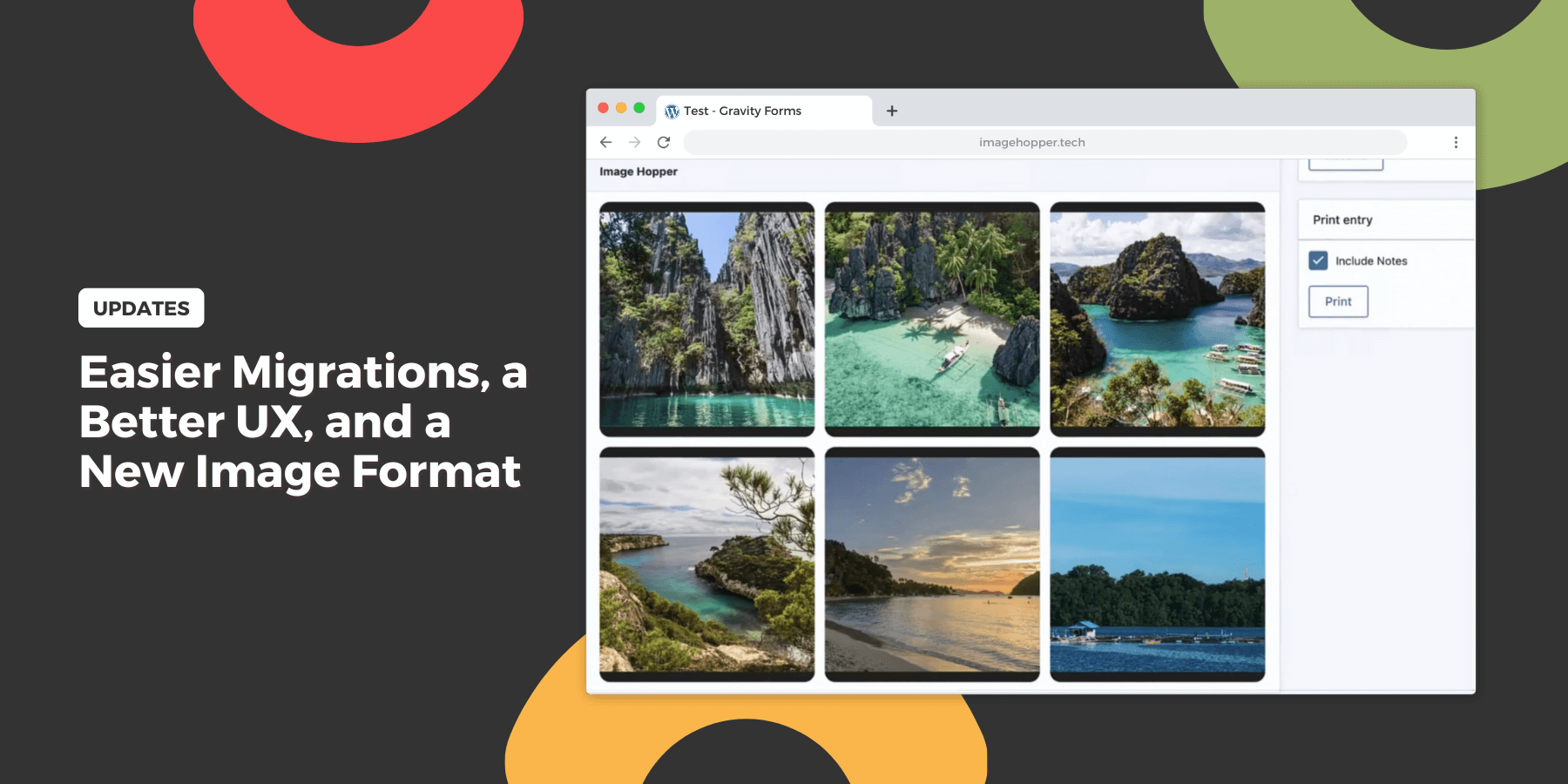 Included text: Updates: Easier Migration, a Better UX, and New Image Format. Accompanied by a screenshot of the entry views page with six images uploaded to the Image Hopper field.