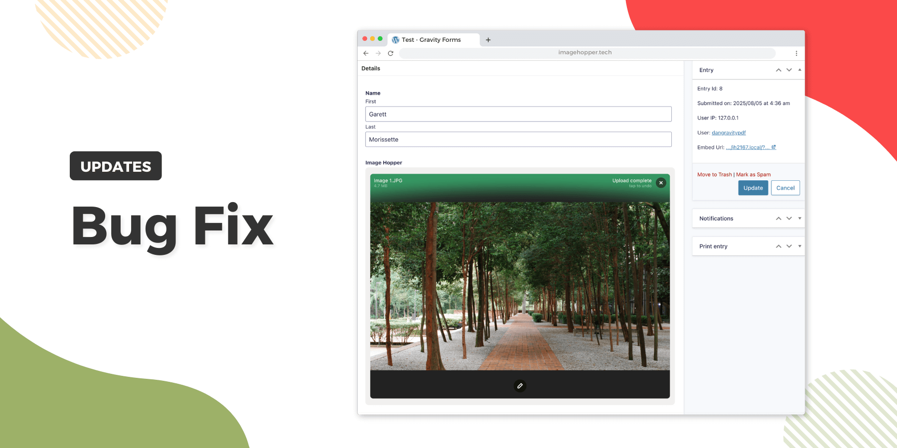 On the left side, text reading ‘Update: Bug Fix.’ On the right side, a screenshot of an entry being edited, with focus on the Image Hopper field interface where an image has just finished uploading.