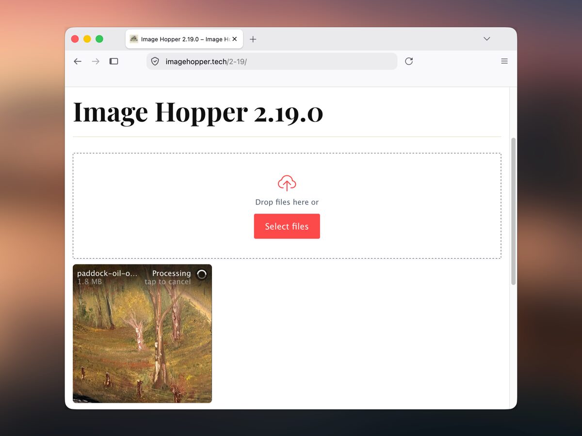 A form with an Image Hopper field. One image is being uploaded and the loading indicator displays Processing